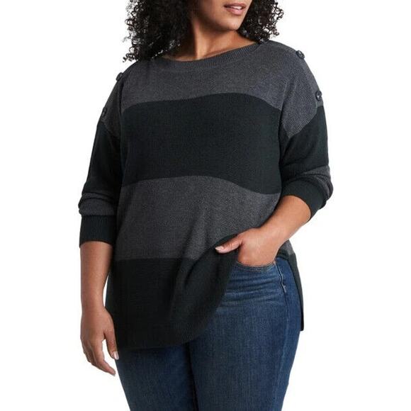 VINCE CAMUTO NEW $89 Stripe Tunic‎ Sweater Dark Willow Black Gray Stripe 1X - Picture 1 of 3